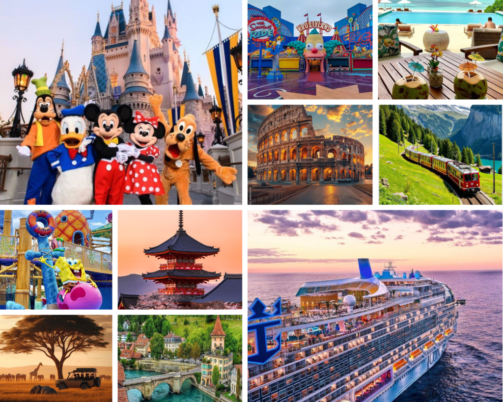 Colage de diferentes imagenes con diferentes destinos del mundo como disney, universal, coliseo romano, paris y nickelodeon.