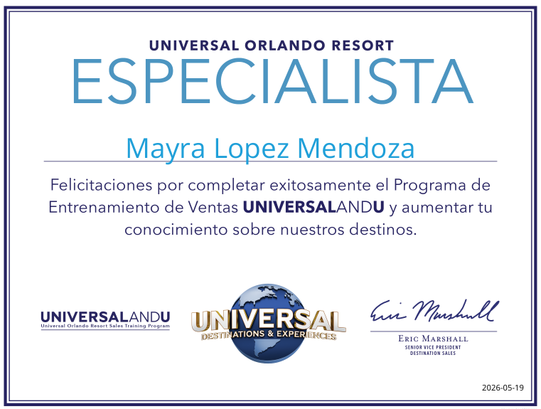 Certificado de universal orlando