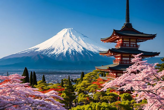 Imagen del templo en japon nfrente a una montaña nevada