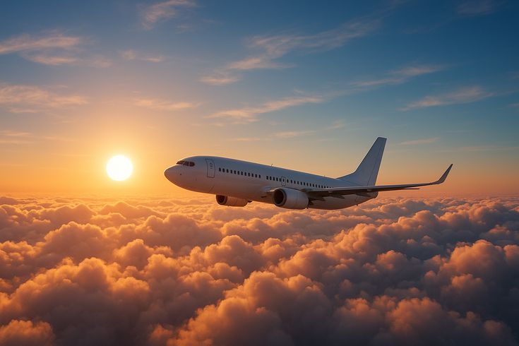 Imagen de un avion volando en el atardecer