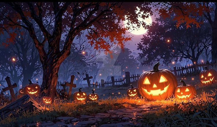 Imagen de una noche de hallowen con una calabaza.